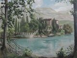 une peinture à l'huile représentant un château situé sur une colline surplombant un plan d'eau