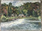 a painting of a river running through a rural area
