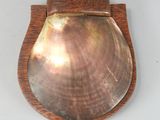 a metal shell on a wooden stand on a white surface