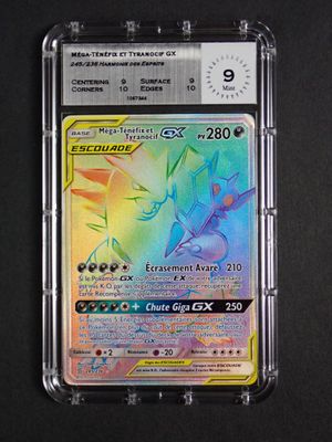 a close up of a pokemon card in a plastic case