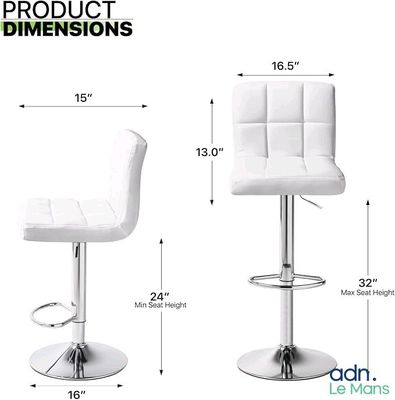 the dimensions of a white bar stool and a stool with a foot rest
