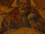an old painting of a man holding an apple in his hand