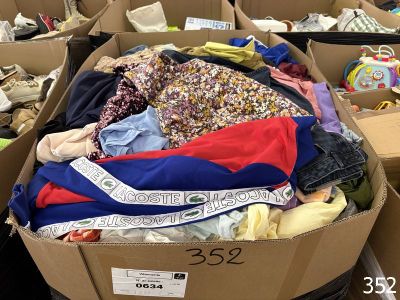 une boîte pleine de vêtements posée sur le sol