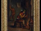 an old painting of a man sitting on a stool in a room