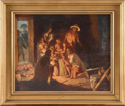 an image of a painting of a family in a barn