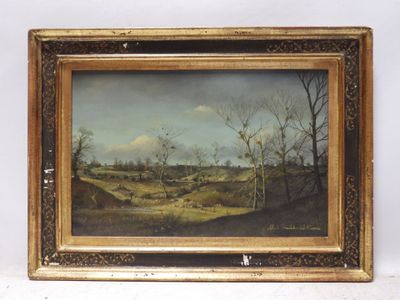 an oil painting of a landscape with trees in the foreground