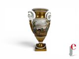a gold vase with a painting on it on a stand