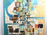 an abstract painting of a city with lots of buildings on it