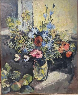 a painting of flowers in a vase on a window sill