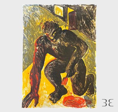 une image d'un timbre sur lequel figure la peinture d'un homme agenouillé par terre
