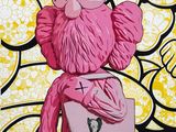 un tableau représentant un ours en peluche rose tenant un sac à main rose