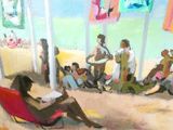 un tableau représentant une femme assise sur une chaise à la plage