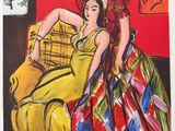 painting of two women sitting on a couch in a living room