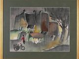 painting of a woman walking down a street with a bicycle in front of a building
