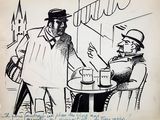drawing of a man talking to another man sitting at a table