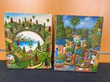 two paintings of people in a garden with a bridge in the background