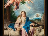 an image of a painting of the virgin and child surrounded by sheep