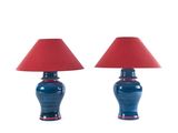 pair of blue and red table lamps with red lampshads