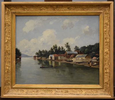 une peinture à l'huile représentant une scène de rivière avec un bateau au premier plan