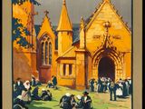french travel poster of a church with people sitting in the grass