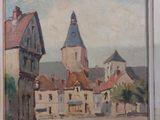 an oil painting of a village scene with a church in the background