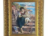 un tableau représentant une femme tenant un bébé dans ses bras sur une plage rocheuse