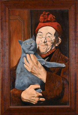 painting of an old man holding a blue cat in his arms
