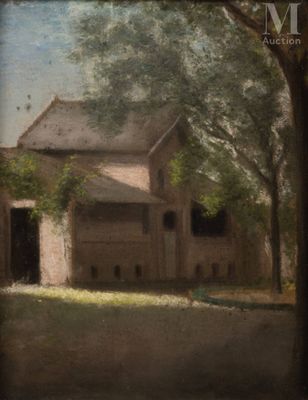 tableau représentant une vieille grange avec un arbre au premier plan