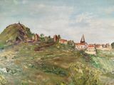an oil painting of a hill with a castle on top of it