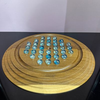 Jeu solitaire bois massif, billes en verre œil de chat bleu,…