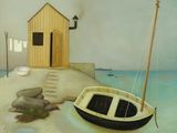 a painting of a boat on the beach with a house in the background