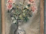 a painting of pink roses in a vase on a table
