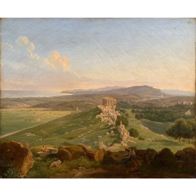 une peinture d'un paysage avec un château au loin