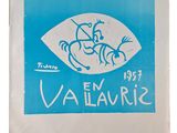 an image of a blue and white poster with a drawing of a fish on it