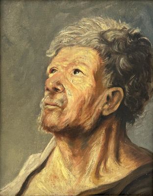 Homme larmoyant les yeux levés vers le ciel.