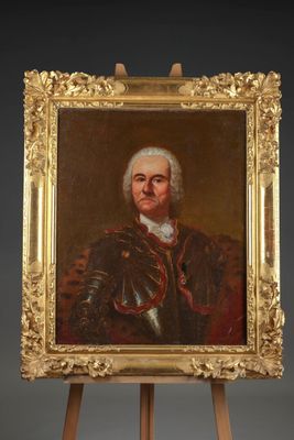 a painting of a man in armor standing next to a easel