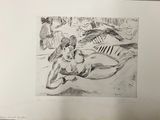 pencil drawing of a nude woman laying on a beach with a man in the background