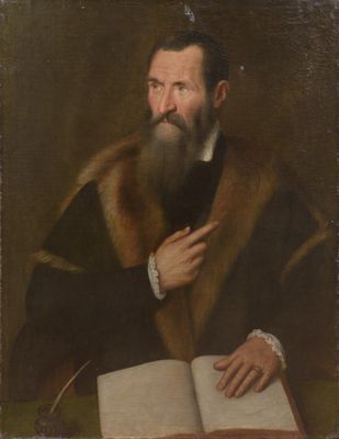 a painting of a man in a fur coat holding a book