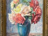 a painting of roses in a blue vase on a table