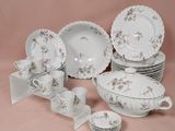 beaucoup d'assiettes et de tasses posées sur la table