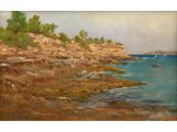 an image of a painting of a beach scene with a boat in the water