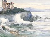a painting of a castle on a cliff by the ocean