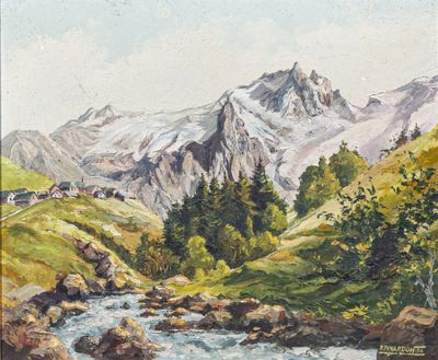 an image of a painting of a mountain scene with a stream in the foreground