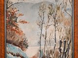 an oil painting of a snowy landscape with trees and a road