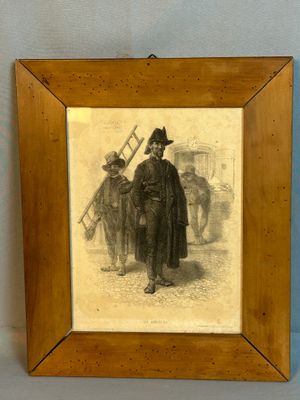 tableau représentant un homme vêtu d'un manteau noir et d'un chapeau, tenant une canne