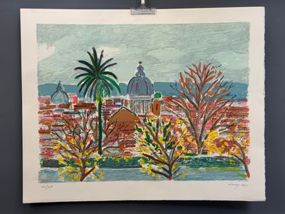 tableau représentant une vue de ville avec des palmiers et des bâtiments