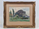 une peinture d'un paysage avec des arbres et une maison au loin