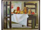 an image of a painting of a table with a white table cloth on it