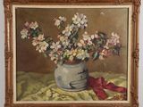 a painting of flowers in a vase on a table
