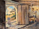an oil painting of a doorway leading to a kitchen with pots and pans on the floor